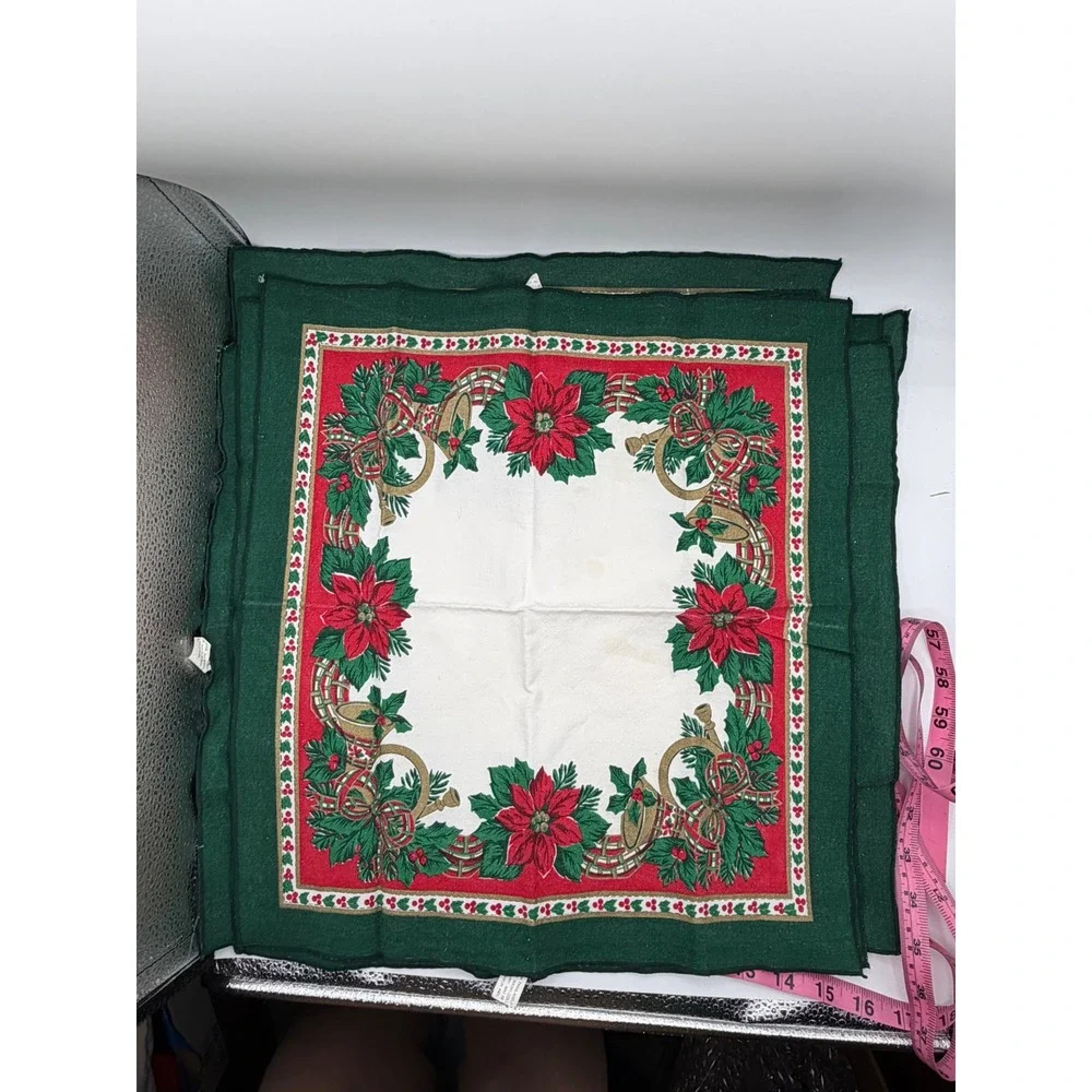 Vintage 90s Christmas‎ Tablecloth and 8 Napkins Set Poinsettia Bells Green Red